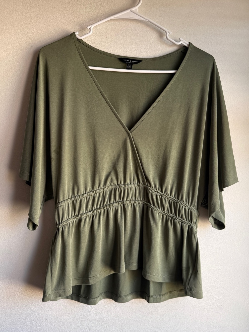 Lucky Brand Olive Green V-Neck Peplum Top Flutter Sleeve M